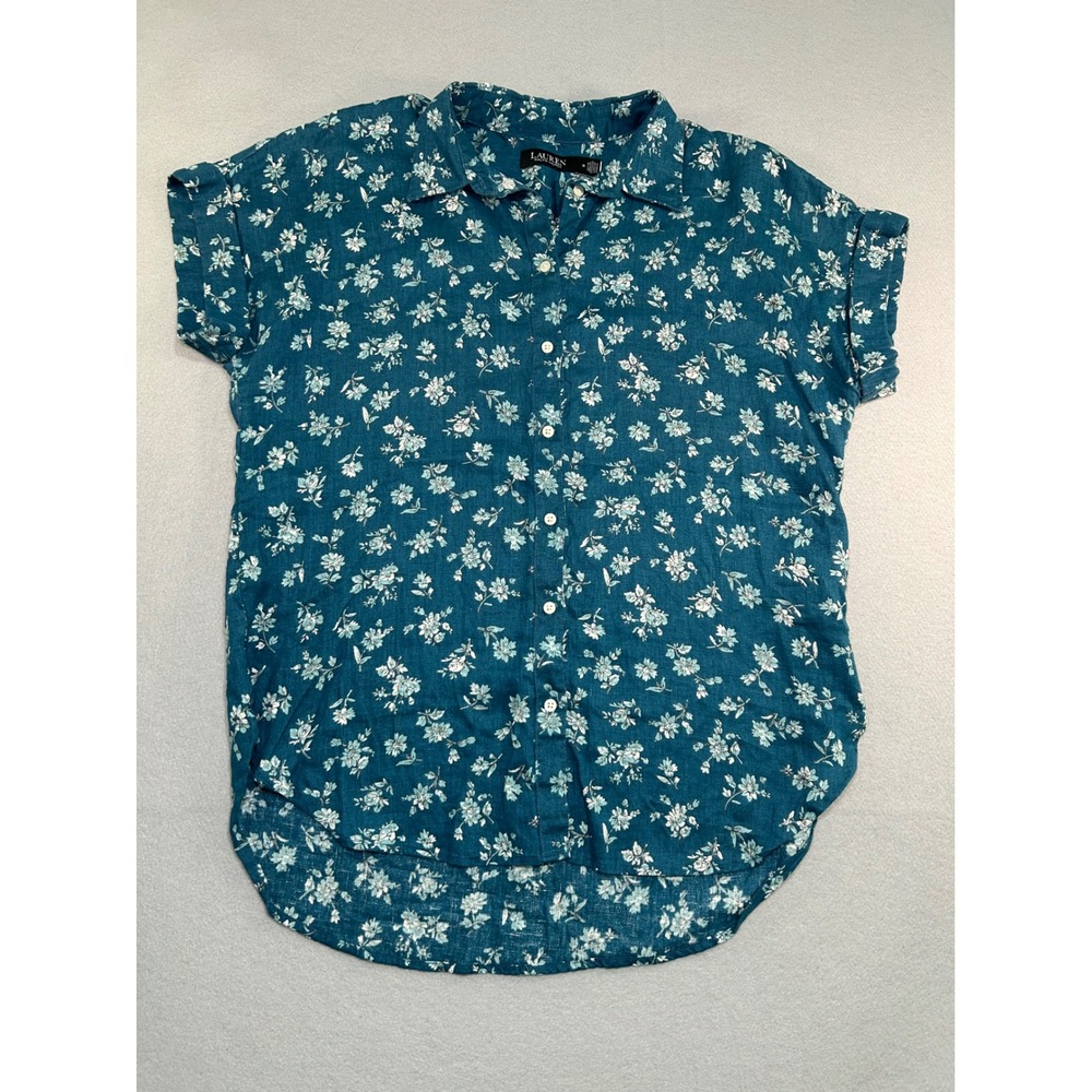 Lauren Ralph Lauren Button Down Shirt Womens Medium Teal Floral 100% Linen Top